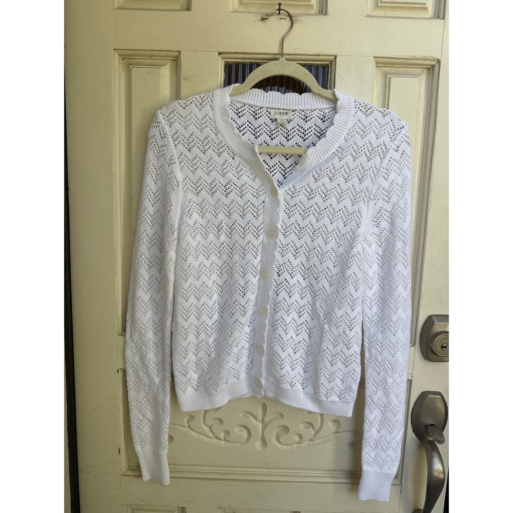 J.Crew White Pointelle Knit Cotton Button Front Cardigan Sweater Size Small